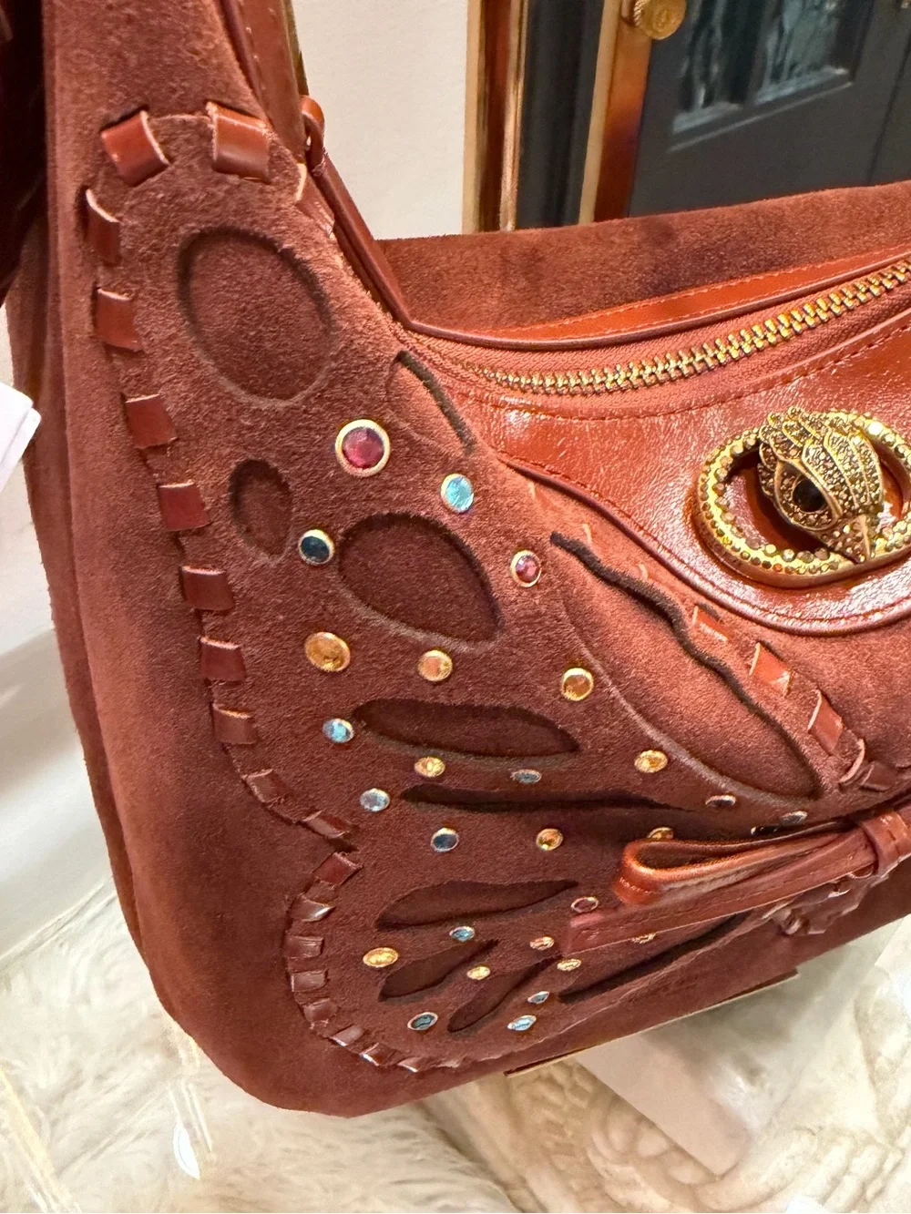 Kurt Geiger NWT Chelsea Suede Studded Butterfly Hobo Shoulder Bag in Brown